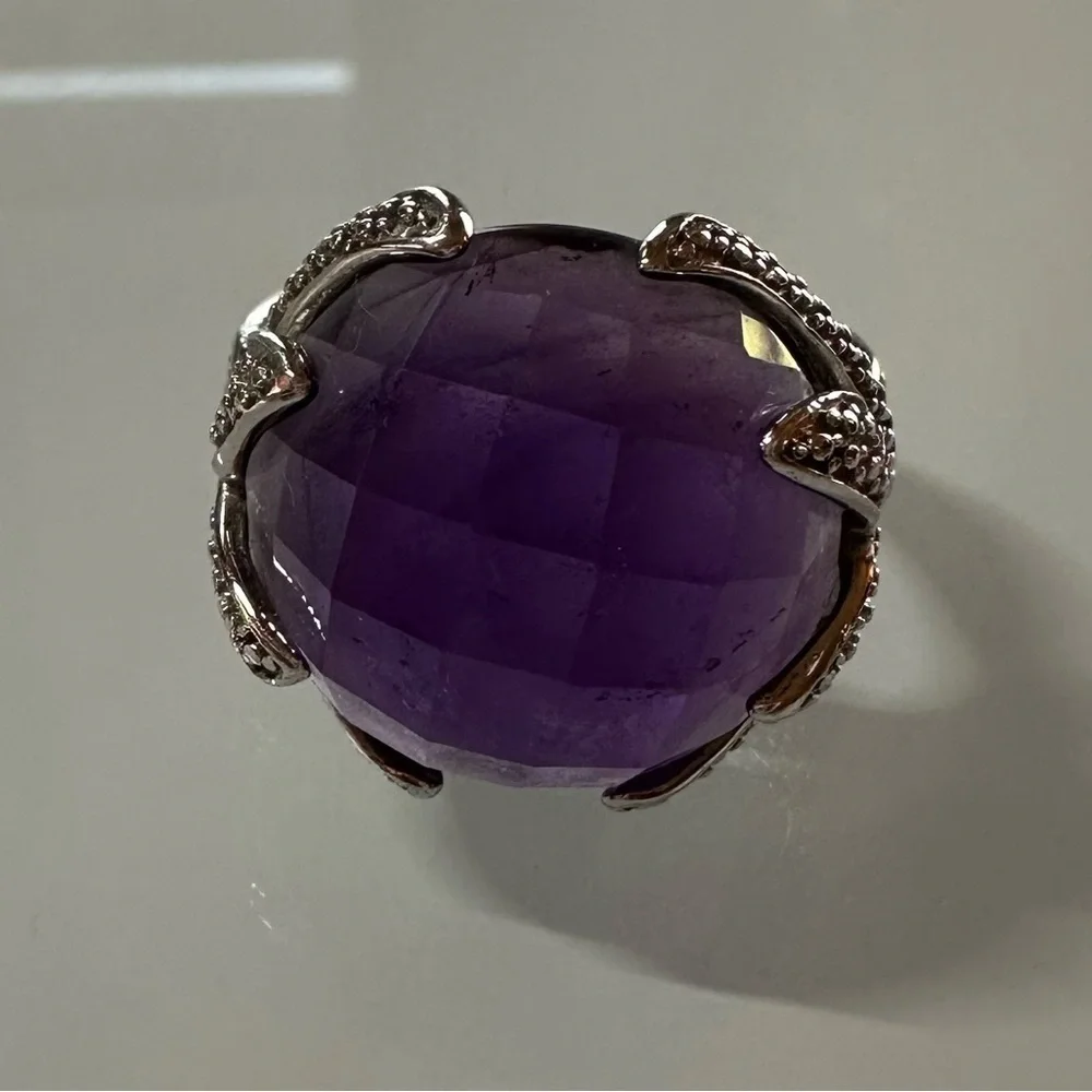 925 Sterling Silver Royal Purple Amethyst Cocktail Ring Size 9 Checkerboard Cut - Picture 9 of 9